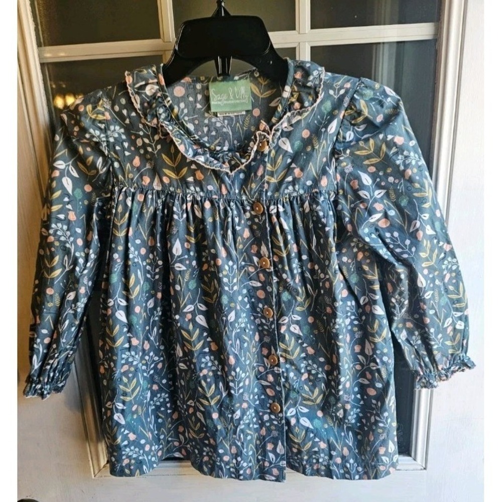 Sage and Lilly Girls 8 Ruffle Tunic Blouse Woodland Ditsy Button Up Shirt Blue